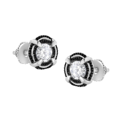 Black Rhodium Plated .925 Sterling Silver Round Diamond Double Halo 4-Prong Solitaire Milgrain Stud Earrings