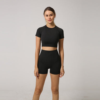 Seamless Women Yoga Set Crop Top Short Sleeve Shirt Fitness Shorts Workout Clothes For Women Gym Clothing Yoga Sport Set