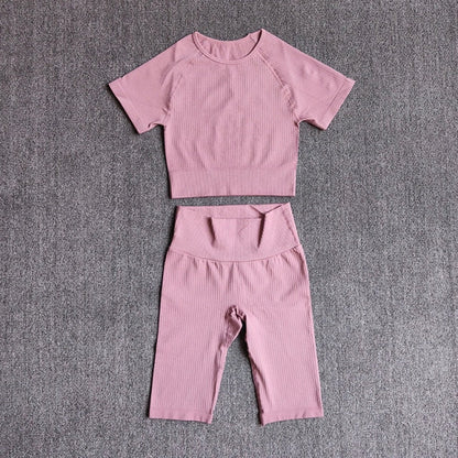 Seamless Yoga Set Women 2pcs Crop Top T-shirt High Waist Shorts Gym Clothes Sport Suit Workout Outfit Sport Wear