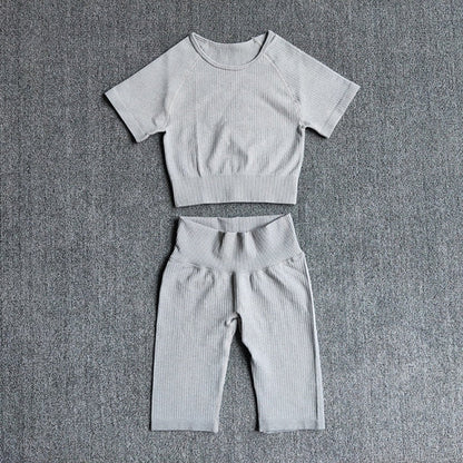 Seamless Yoga Set Women 2pcs Crop Top T-shirt High Waist Shorts Gym Clothes Sport Suit Workout Outfit Sport Wear